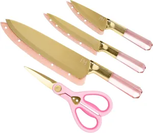 Paris Hilton Stainless Steel Knife Set with Jewel Shaped Handles and Gold Blades, Iconic Cutlery Set, 4-Piece, Pink