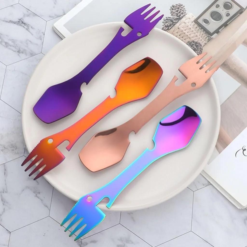 PEKJI Outdoor Camping Tableware Stainless Steel Multifunctional Knife Fork and Spoon Flatware Portable Creative 5-in-1 Cutlery
