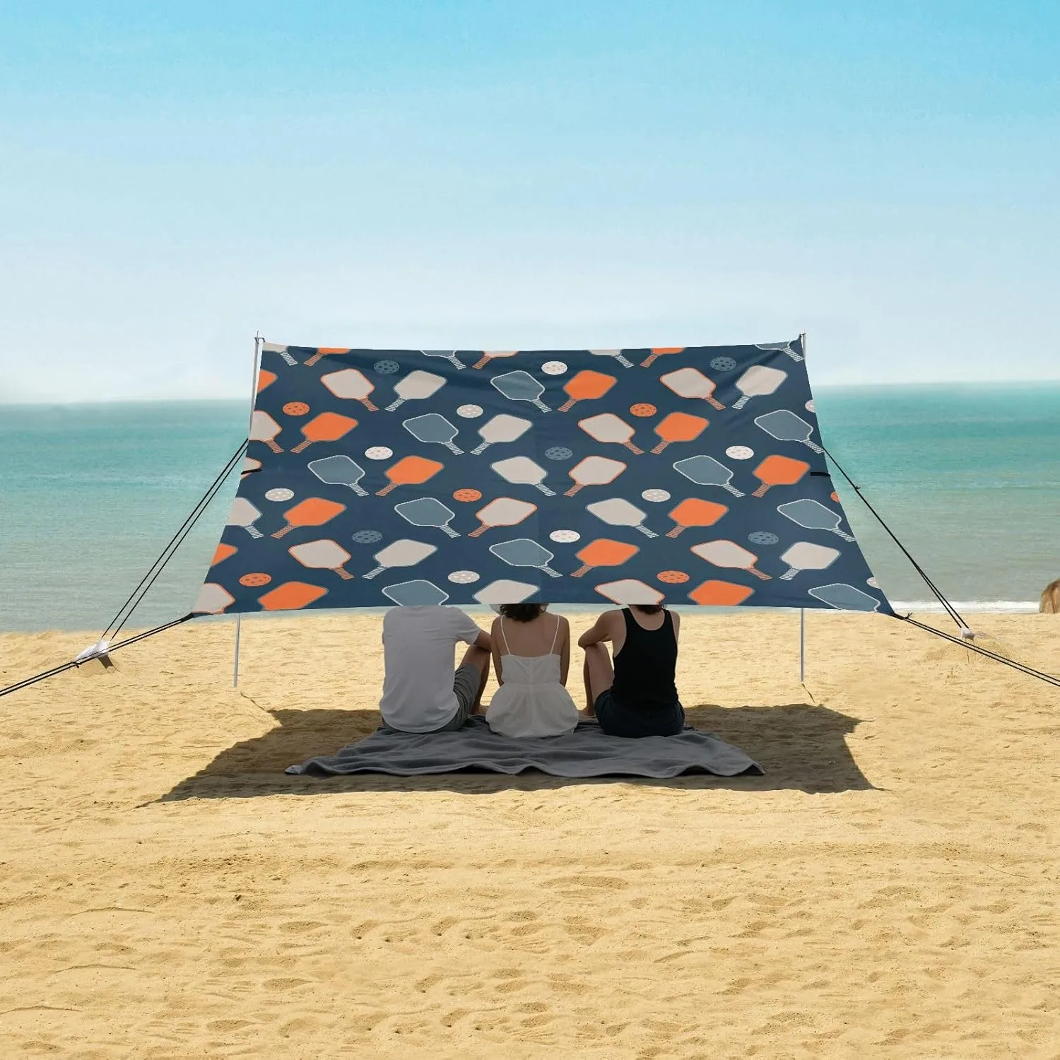 Pickleball Game Seamless Pattern Beach Canopy Tent Anti-UV & Wind Resistant, Camping Sun Shelter Easy Setup Portable,Outdoor Shade Tents with Sandbags,Sand Shovels,Ground Pegs & Stability Poles
