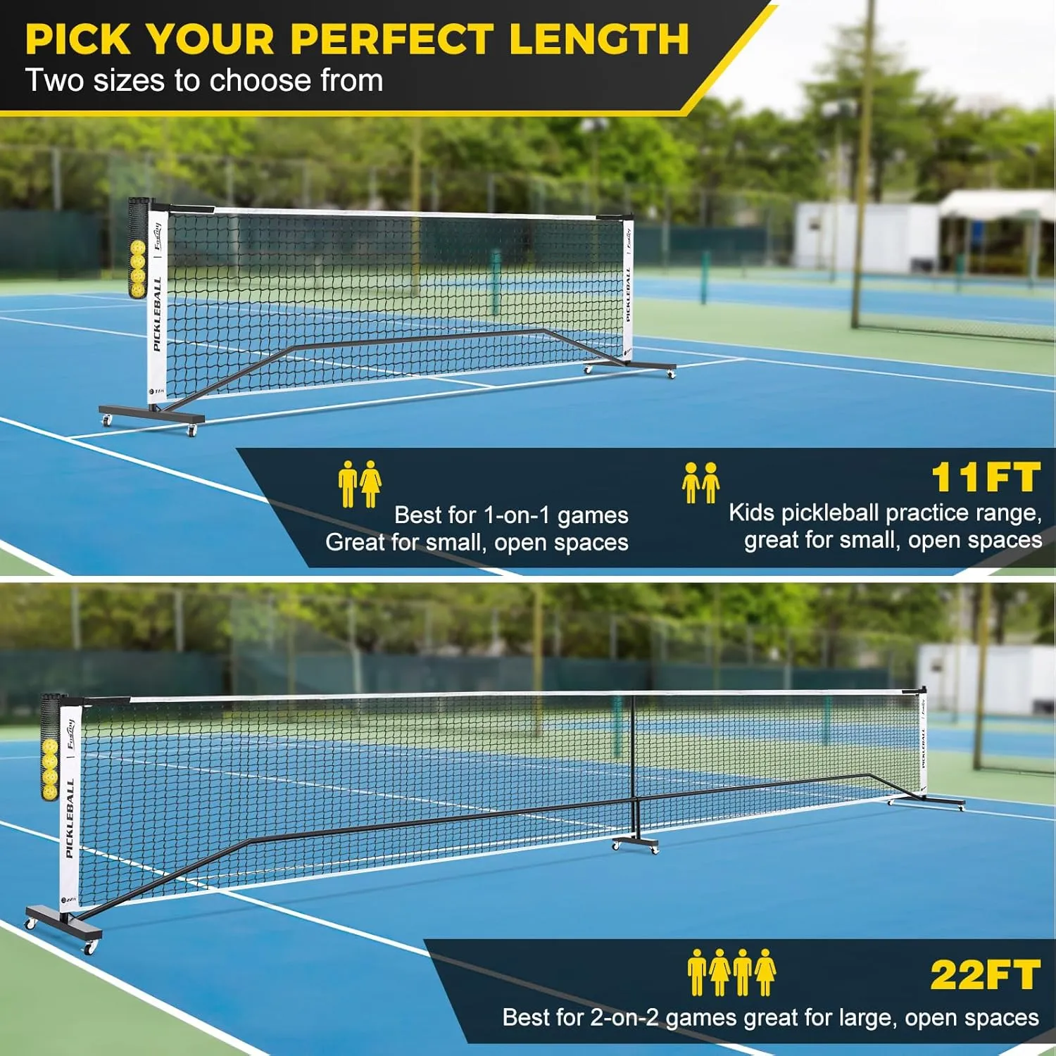 Pickleball Net with Wheels, Portable 2-in-1 Pickle Ball Net with Ball Collector,22FT Regulation Size & 11FT Half Court Size, Carry Bag, Steady Metal Frame for Outdoor Indoor Driveway
