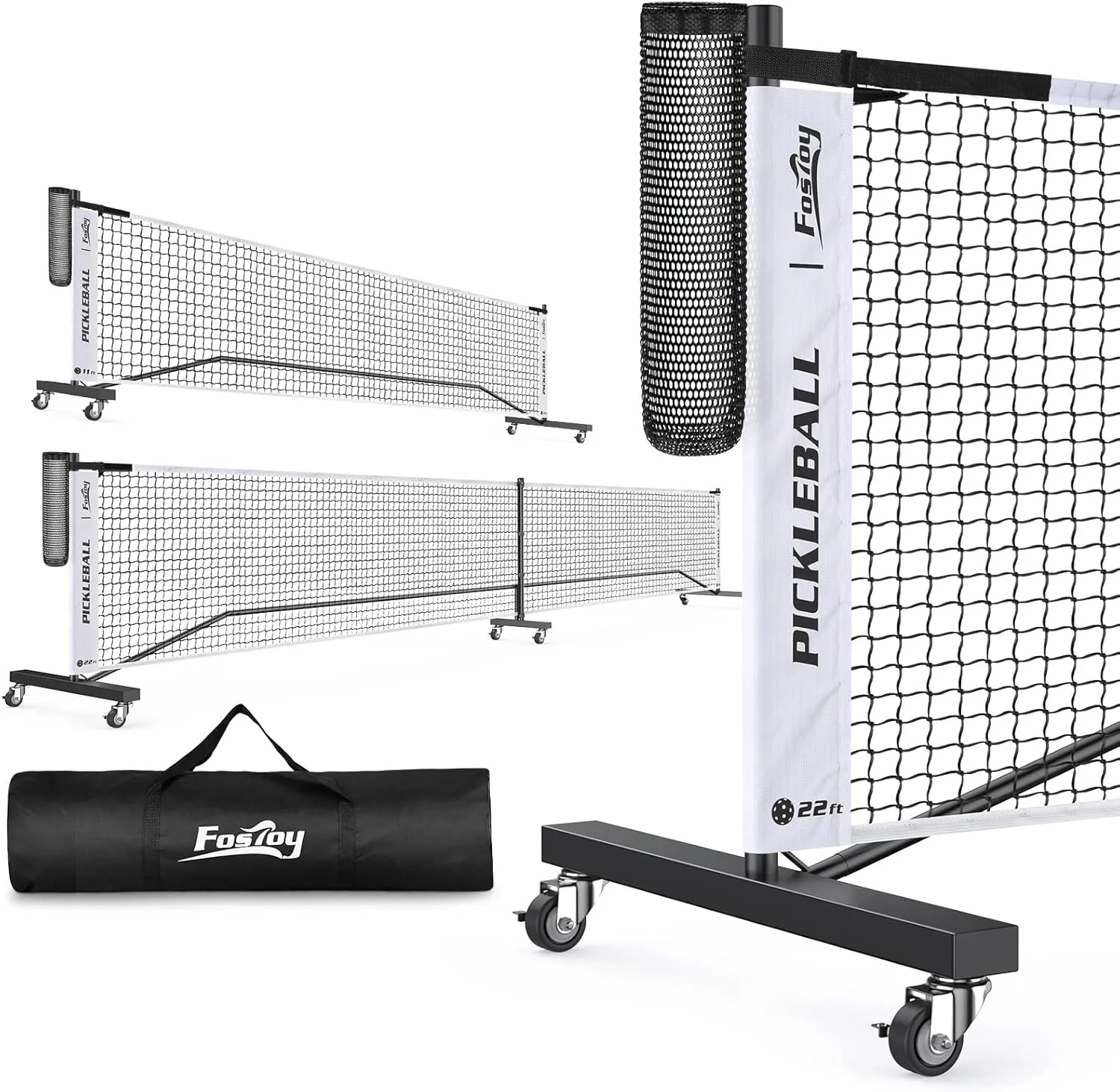 Pickleball Net with Wheels, Portable 2-in-1 Pickle Ball Net with Ball Collector,22FT Regulation Size & 11FT Half Court Size, Carry Bag, Steady Metal Frame for Outdoor Indoor Driveway
