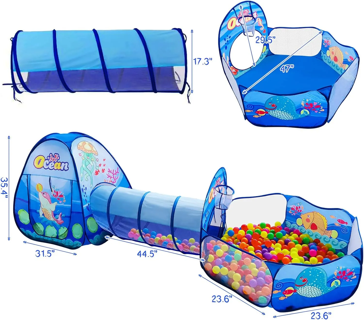 PigPigPen 3 in 1 Kids Play Tent with Tunnel, Ball Pit, Basketball Hoop for Boys & Girls, Toddler Pop Up Playhouse Toy Baby Indoor/Outdoor, Gift Year Old Child (3 Tent)