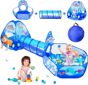 PigPigPen 3 in 1 Kids Play Tent with Tunnel, Ball Pit, Basketball Hoop for Boys & Girls, Toddler Pop Up Playhouse Toy Baby Indoor/Outdoor, Gift Year Old Child (3 Tent)