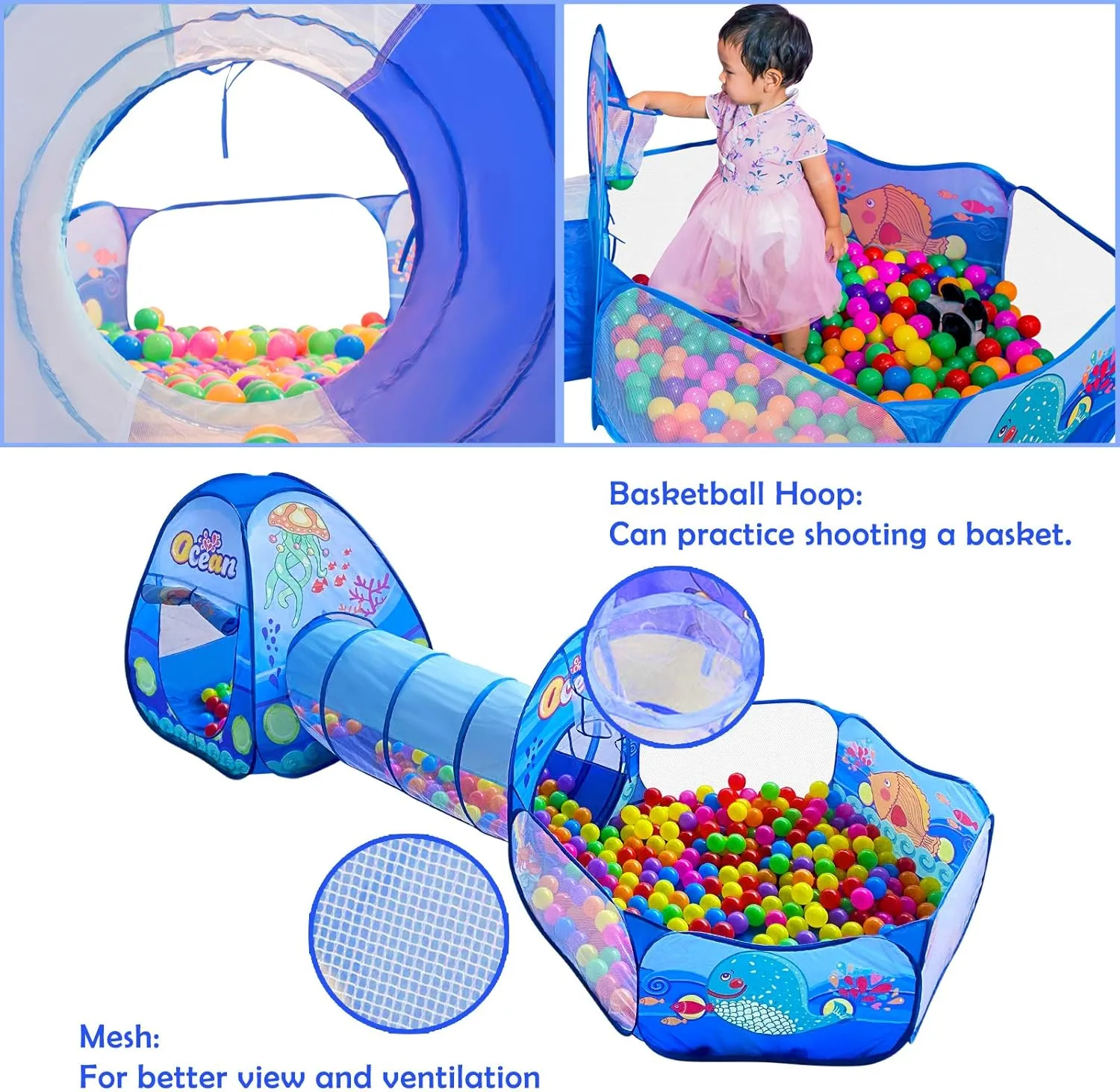 PigPigPen 3 in 1 Kids Play Tent with Tunnel, Ball Pit, Basketball Hoop for Boys & Girls, Toddler Pop Up Playhouse Toy Baby Indoor/Outdoor, Gift Year Old Child (3 Tent)