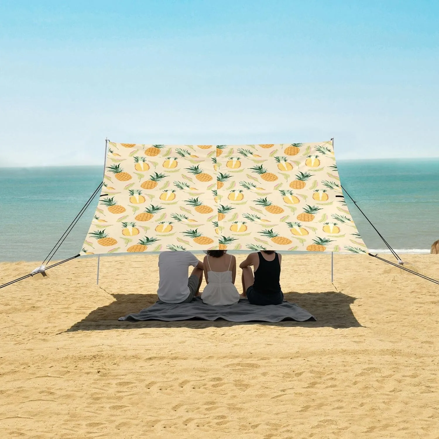 Pineapples Leaves Yellow Beach Canopy Tent Anti-UV & Wind Resistant, Camping Sun Shelter Easy Setup Portable,Outdoor Shade Tents with Sandbags,Sand Shovels,Ground Pegs & Stability Poles