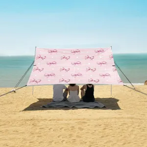 Pink Striped Bow Knots Beach Canopy Tent Anti-UV & Wind Resistant, Camping Sun Shelter Easy Setup Portable,Outdoor Shade Tents with Sandbags,Sand Shovels,Ground Pegs & Stability Poles