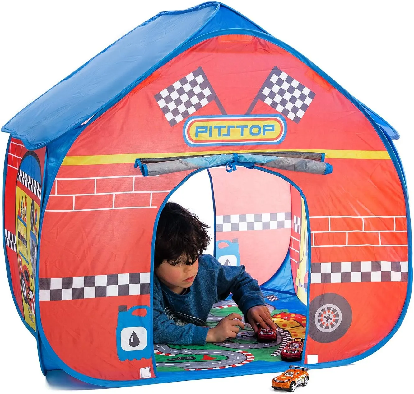 Pit Stop Tent with Race Mat Playhouse Fun2Give, Front & Back Doors, Spacious Interior, Pretend Play, Toddlers & Kids Ages 3 