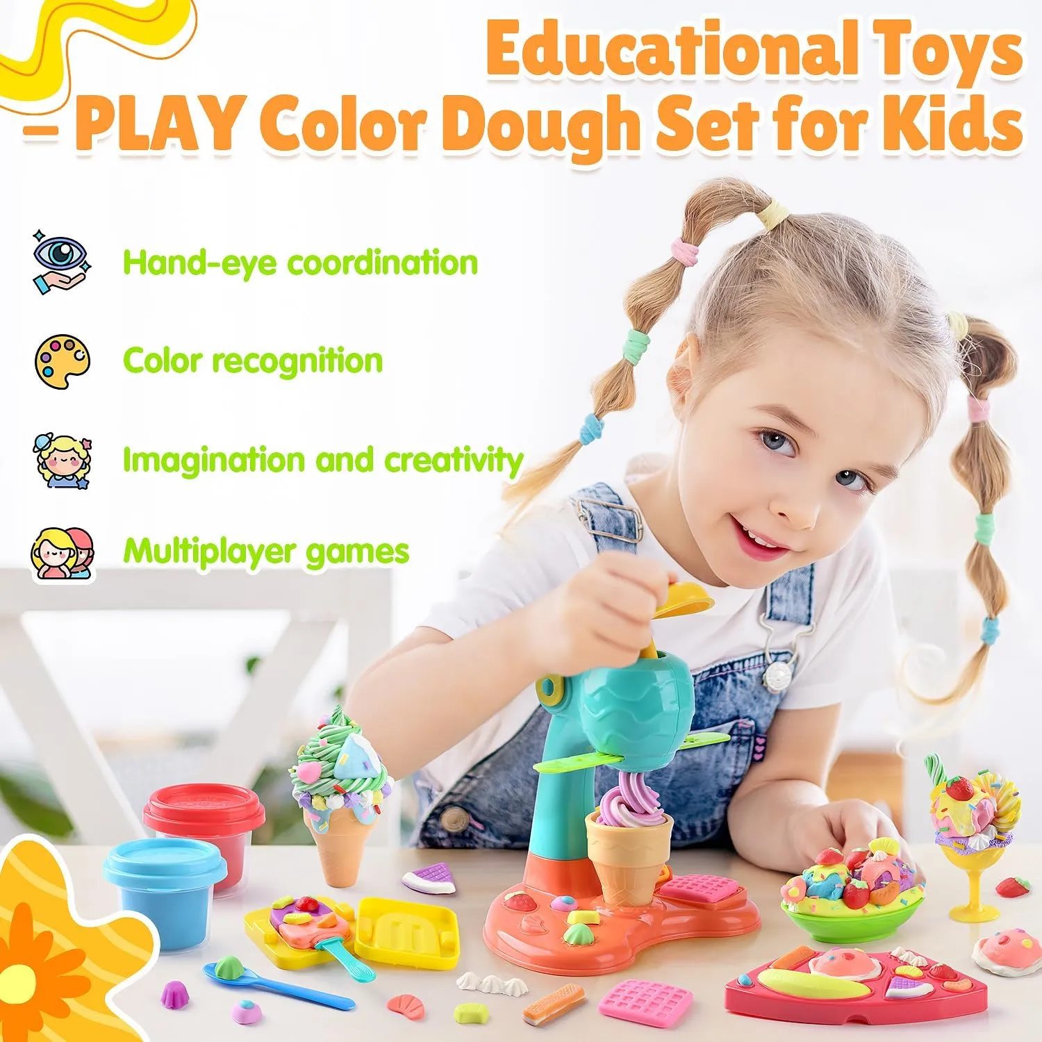 PLAY Clay Dough Set with Ice Cream Maker Machine/Noodle Maker/Banana Split Ice Cream Mold Kitchen Creations Arts Crafts Play Food Toys Tools Kit for Boys Girls Kids Toddlers Ages 3 