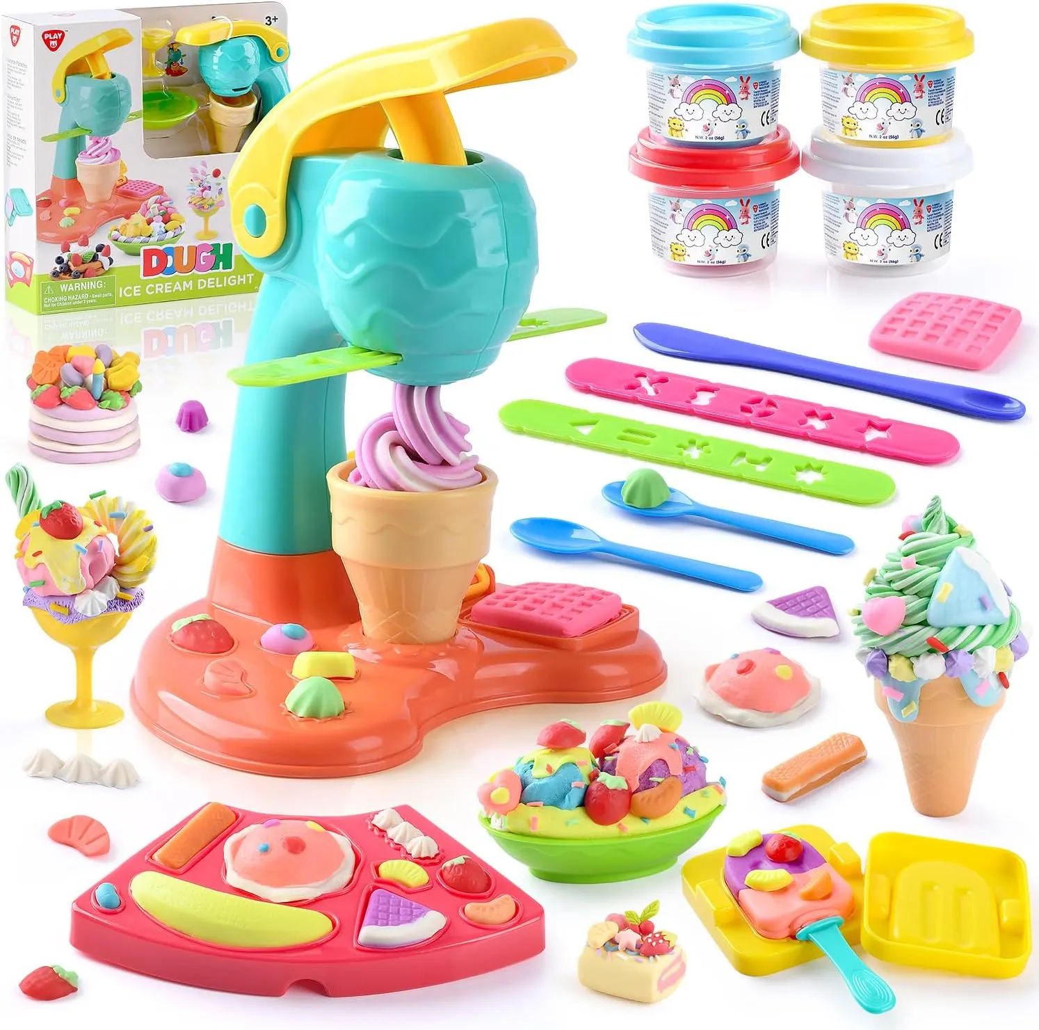 PLAY Clay Dough Set with Ice Cream Maker Machine/Noodle Maker/Banana Split Ice Cream Mold Kitchen Creations Arts Crafts Play Food Toys Tools Kit for Boys Girls Kids Toddlers Ages 3 