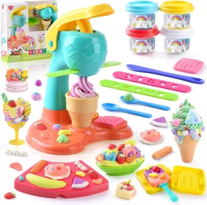 PLAY Clay Dough Set with Ice Cream Maker Machine/Noodle Maker/Banana Split Ice Cream Mold Kitchen Creations Arts Crafts Play Food Toys Tools Kit for Boys Girls Kids Toddlers Ages 3 