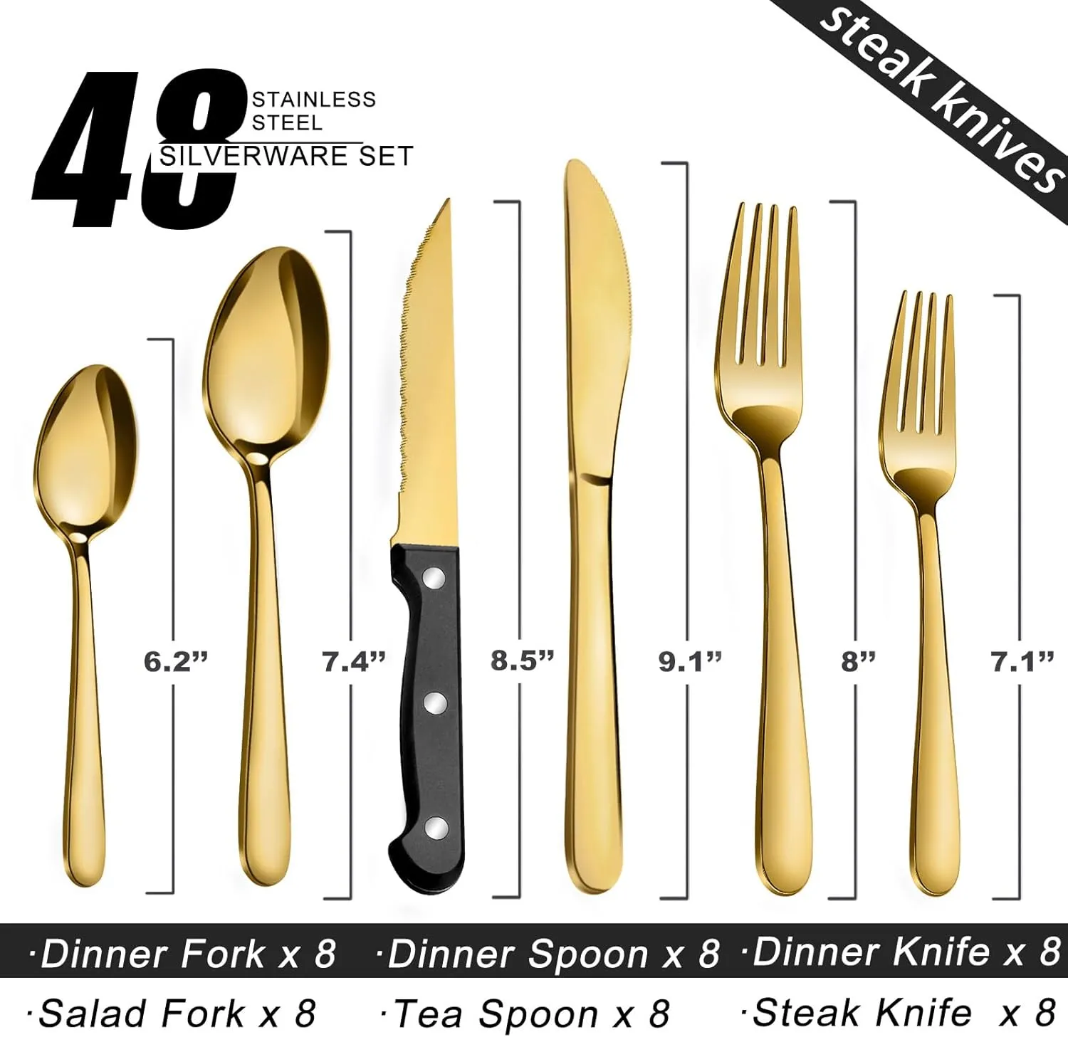 Pleafind 48-Pieces Gold Silverware Sets for 8, Flatware Set with Steak Knives, Stainless Steel Cutlery Set, Include Forks Spoons and Knives Set, Dishwasher Safe Utensil Sets for Home Restaurant