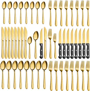 Pleafind 48-Pieces Gold Silverware Sets for 8, Flatware Set with Steak Knives, Stainless Steel Cutlery Set, Include Forks Spoons and Knives Set, Dishwasher Safe Utensil Sets for Home Restaurant