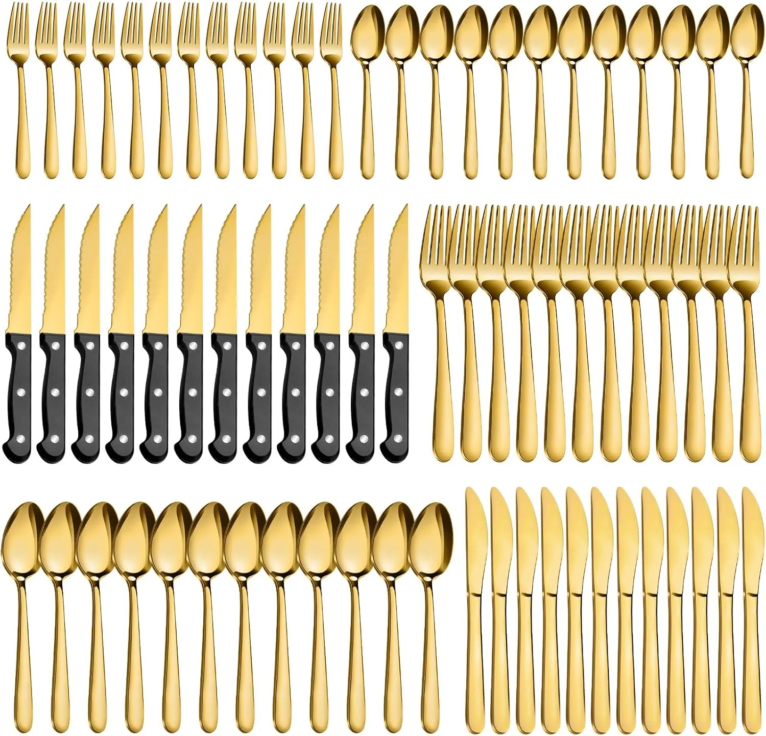 Pleafind 72-Pieces Gold Silverware Sets for 12, Flatware Set with Steak Knives, Stainless Steel Cutlery Set, Include Forks Spoons and Knives Set, Dishwasher Safe Utensil Sets for Home Restaurant