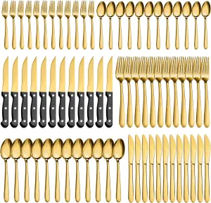Pleafind 72-Pieces Gold Silverware Sets for 12, Flatware Set with Steak Knives, Stainless Steel Cutlery Set, Include Forks Spoons and Knives Set, Dishwasher Safe Utensil Sets for Home Restaurant