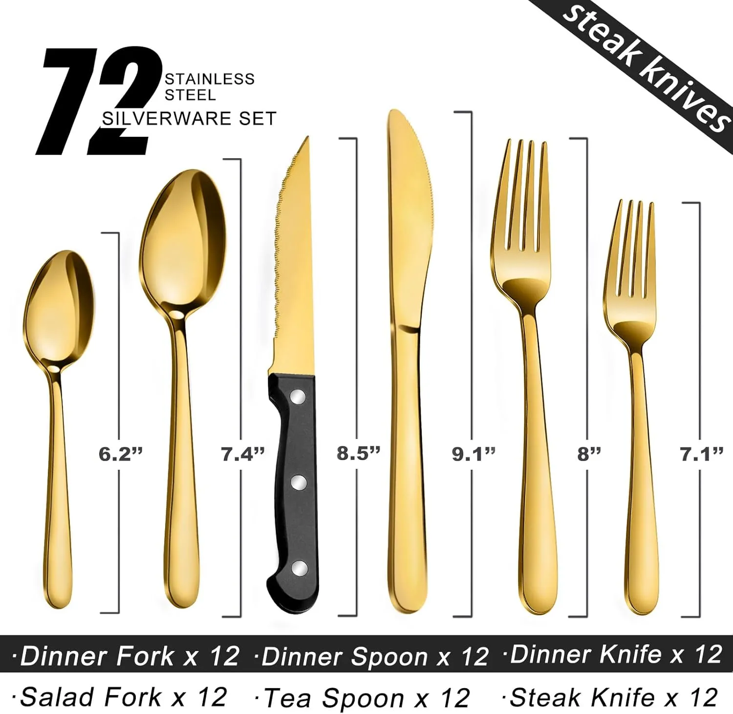 Pleafind 72-Pieces Gold Silverware Sets for 12, Flatware Set with Steak Knives, Stainless Steel Cutlery Set, Include Forks Spoons and Knives Set, Dishwasher Safe Utensil Sets for Home Restaurant