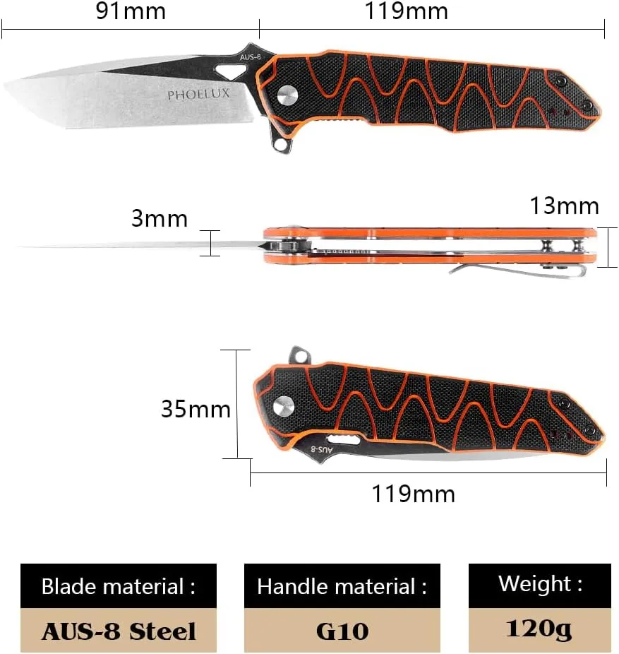 Pocket Folding Knife-8.27" EDC Knife with Aus-8 Steel Blade and G10 Handle (Orange Black) with Pocket Clip, Liner Lock, Nylon Bag and Gift Box, Good for Survival Camping, Outdoor, Hiking