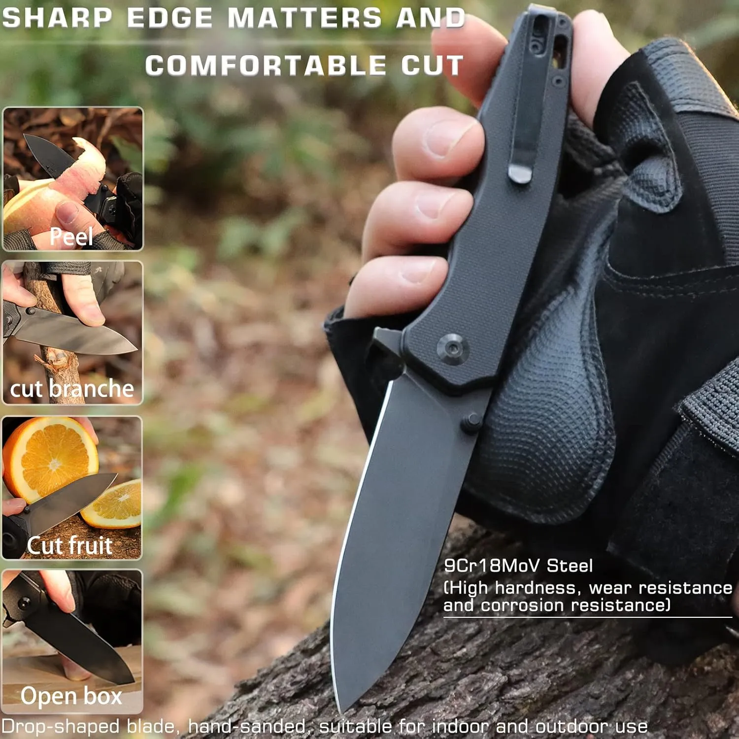Pocket Knife Handfeel, 9Cr18MoV Blade Folding Pocket Knife with G10 Durable Handle, Everyday Carry EDC Pocket Knife with Pocket Clip, Sharp Home Camping Practical Pocket Knife