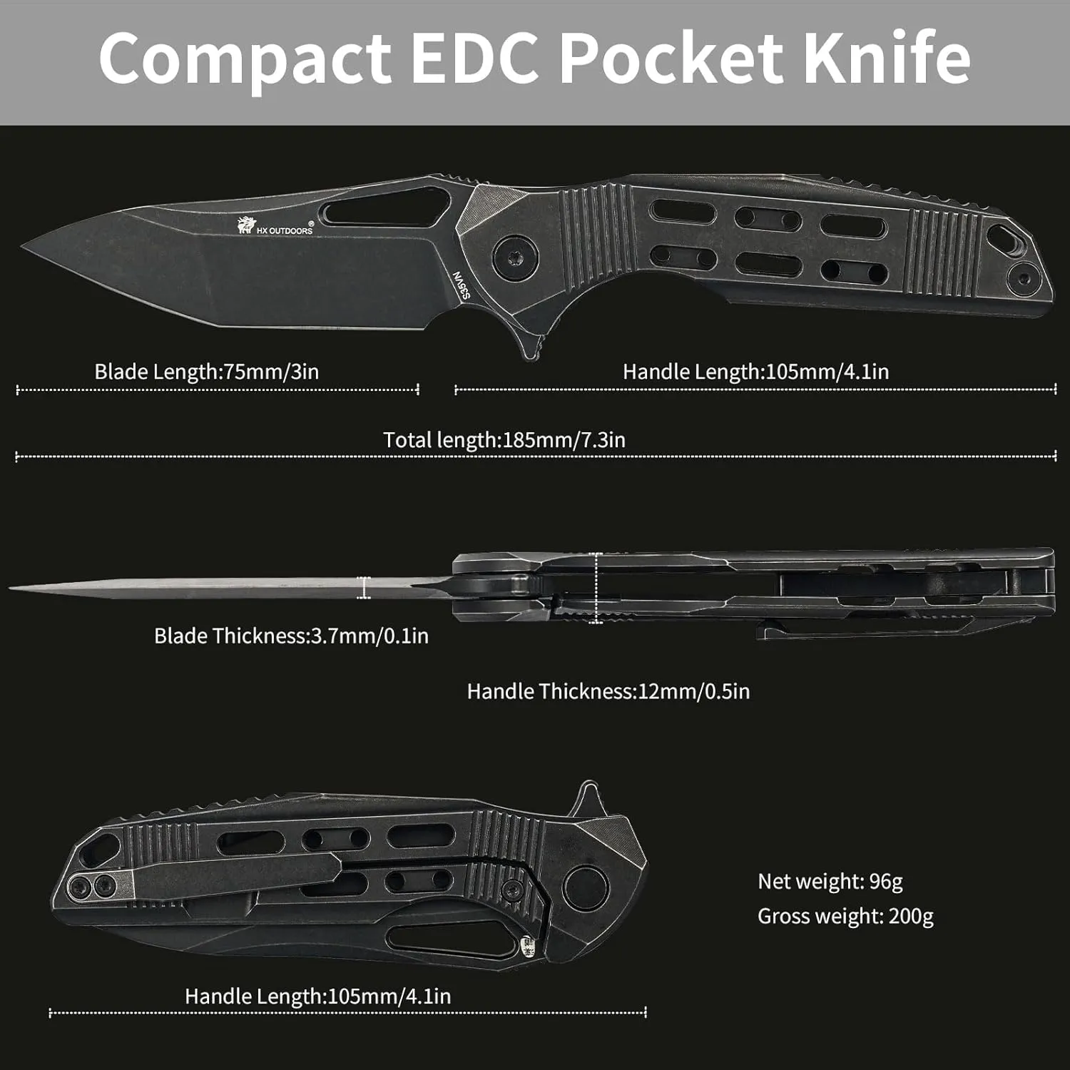 Pocket Knife with Lock, High End S35VN Steel Folding Knife with Non Slip Titanium Alloy Handle(Black)