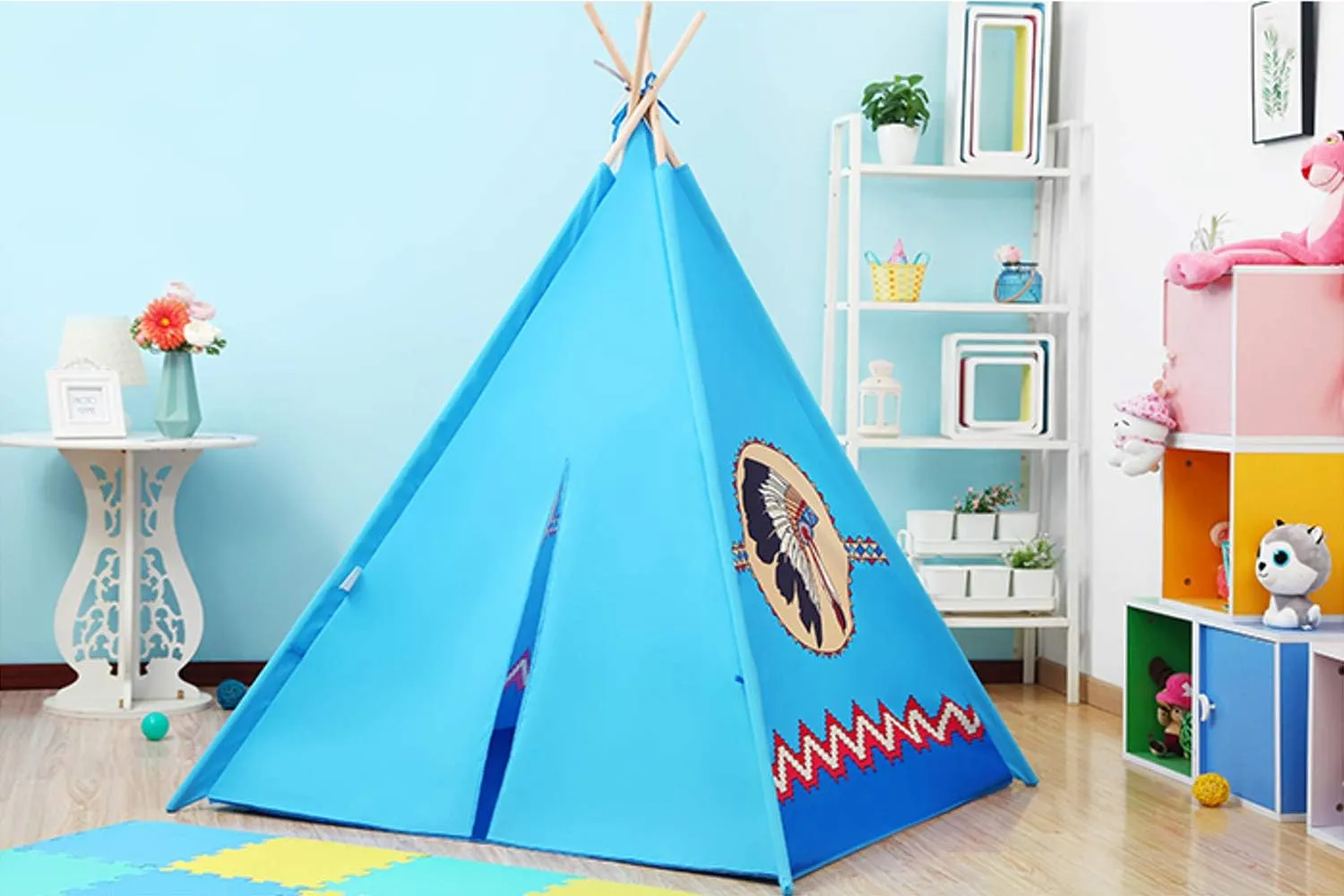 POCO DIVO Apache Turquoise Teepee Tent Kids Indoor Playhouse Children Outdoor Play Castle Toy Tipi with Wooden Poles