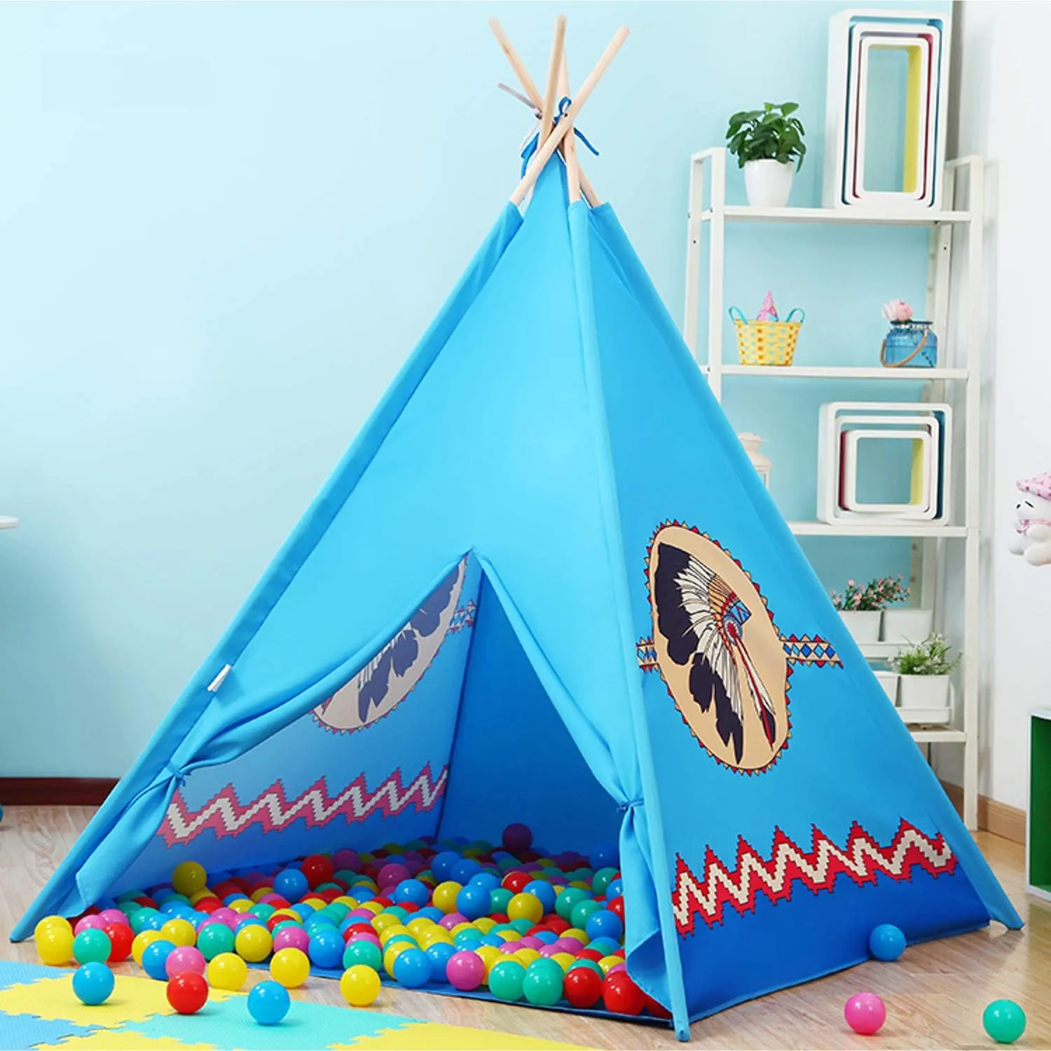 POCO DIVO Apache Turquoise Teepee Tent Kids Indoor Playhouse Children Outdoor Play Castle Toy Tipi with Wooden Poles