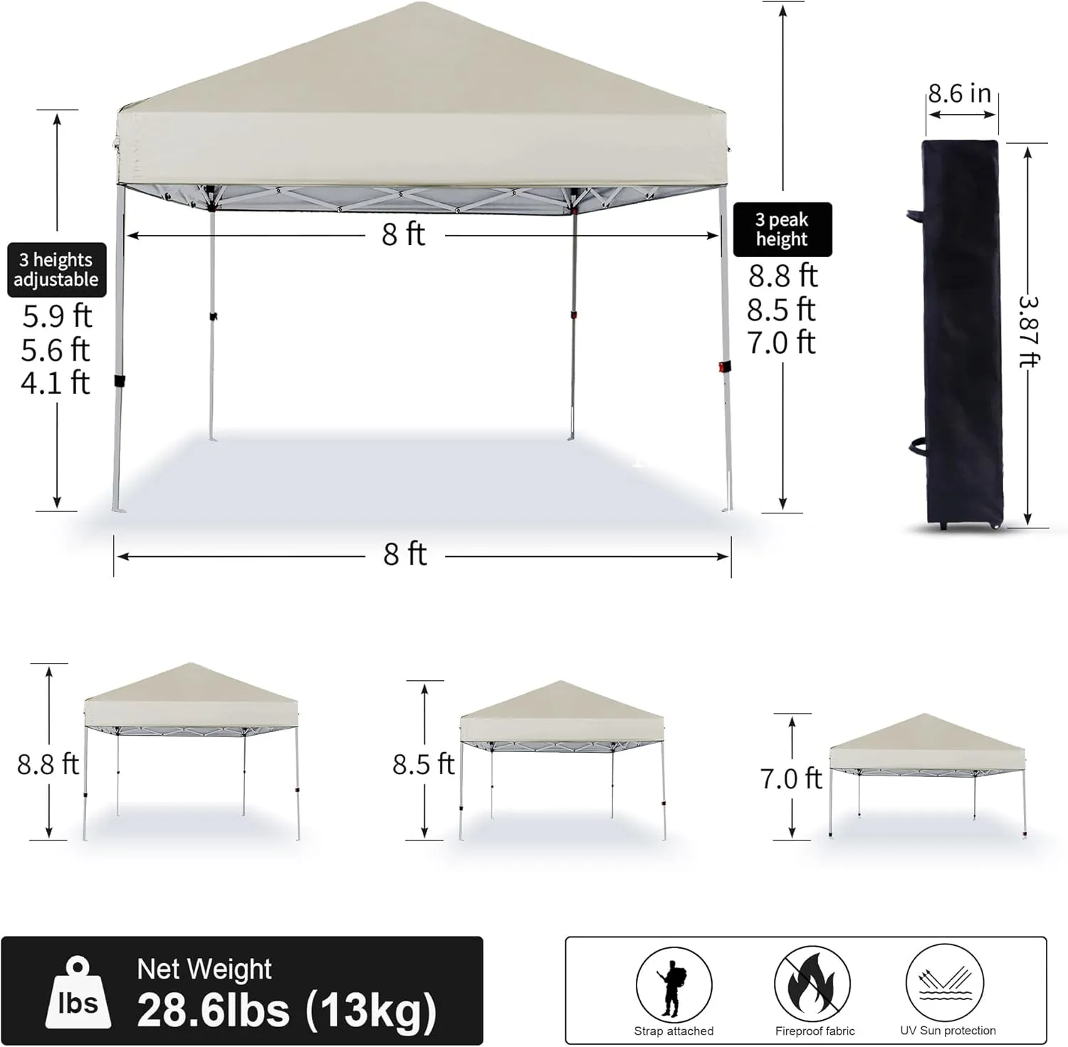 Pop Up Canopy Tent 8X8 FT,Easy Set-up Sade,Instant Shelter w/Canopy Cover,4 Ropes,Adjustable Straight Leg Heights Canopies,Outdoor Patio Tents for Parties,Commercial,White
