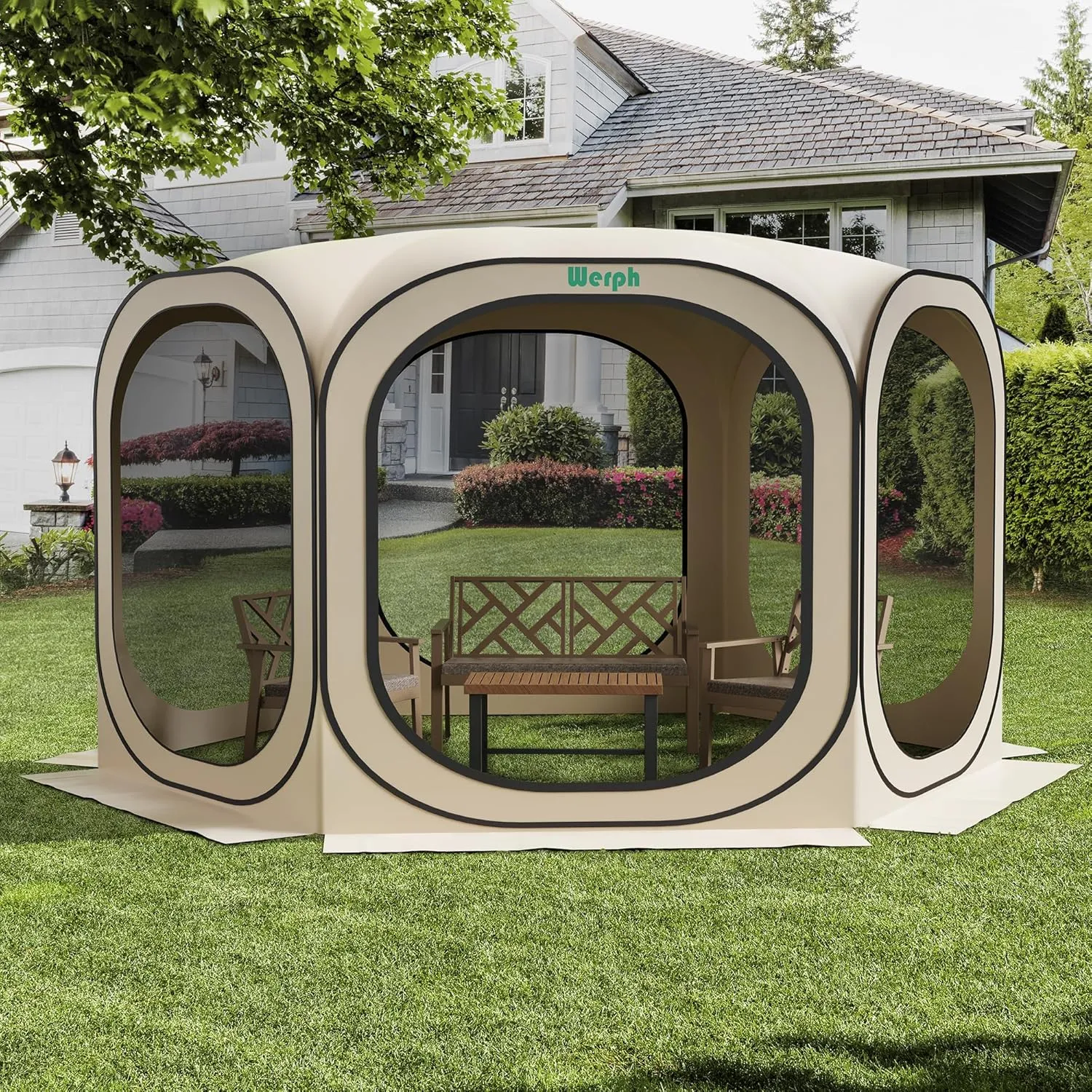 Pop Up Screen Tent Canopy, Portable Screen Canopy with Mosquito Net, Outdoor Screen Room Tent 12 x12 FT with Carry Bag for Lawn & Garden, Parties，Beige