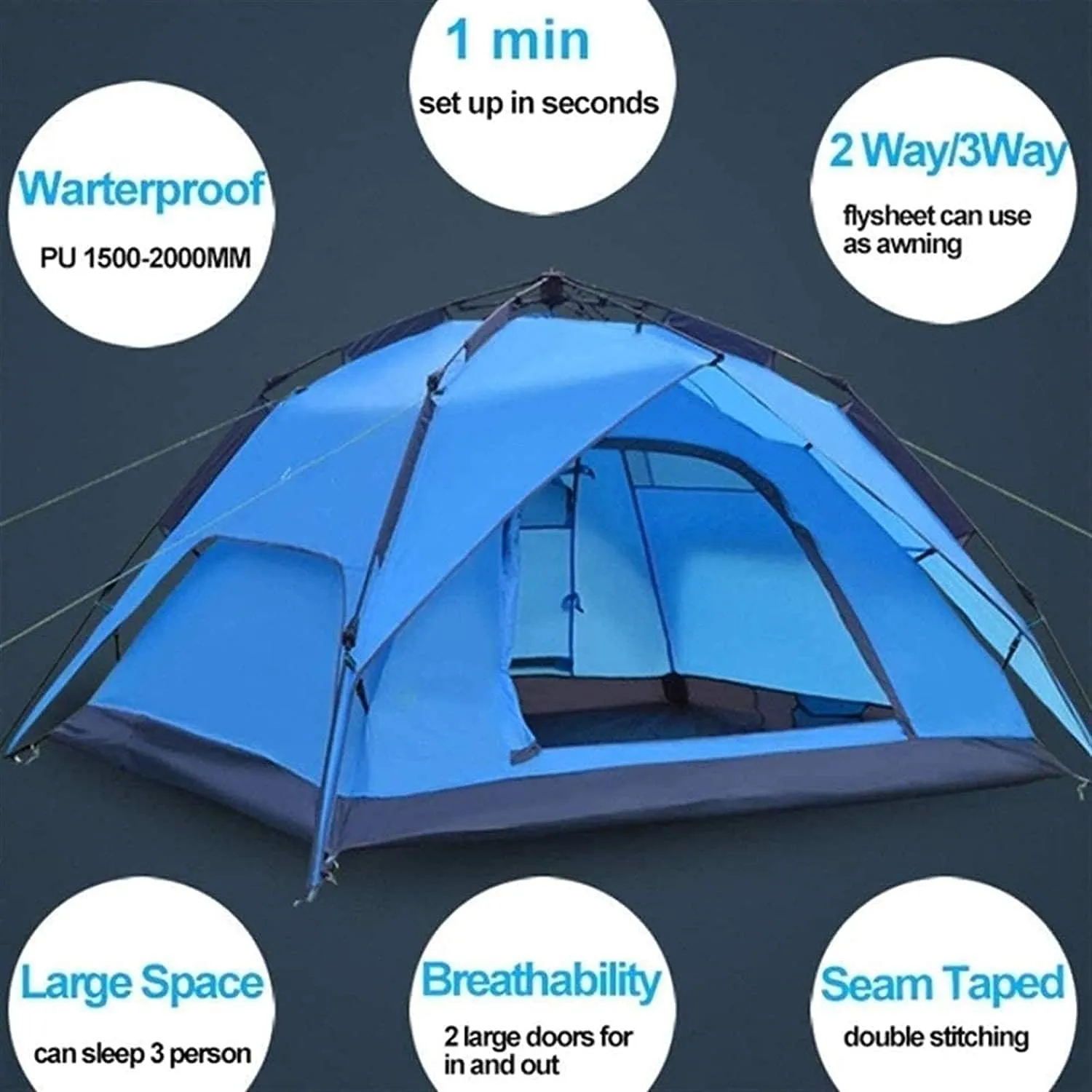 Pop Up Tent Family Camping Tent 4 Person Tent Portable Instant Tent Automatic Tent Windproof Easy to Set Up, Outdoor, Hiking and Mountain Trips