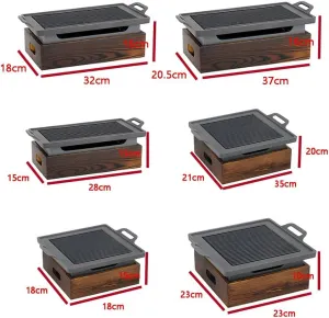 Portable BBQ Grill Tabletop Alcohol Stove, Hotel Japanese Style Barbecue Plate Charcoal Grill, Dining Table-top Hibachi with Wooden Base,18x18x15cm
