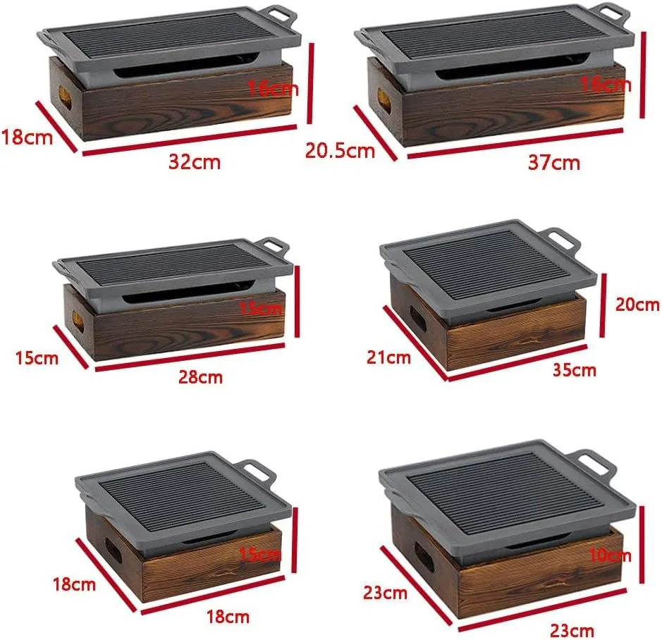 Portable BBQ Grill Tabletop Alcohol Stove, Hotel Japanese Style Barbecue Plate Charcoal Grill, Dining Table-top Hibachi with Wooden Base,18x18x15cm