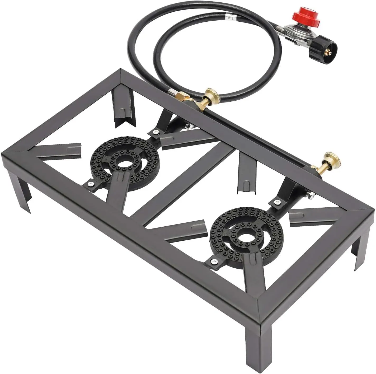 Portable Double Burner Iron Camp Stove Outdoor Gas Stove Propane Cooker with Adjustable 0-20psi Regulator Hose for Outdoor Picnics Hiking Barbecues Family Dining