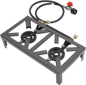 Portable Double Burner Iron Camp Stove Outdoor Gas Stove Propane Cooker with Adjustable 0-20psi Regulator Hose for Outdoor Picnics Hiking Barbecues Family Dining