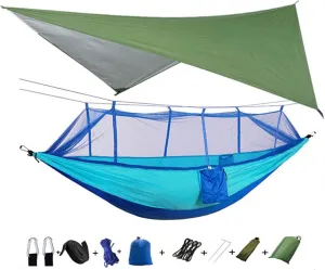 Portable Hammock Lightweight Portable Camping Hammock and Tent Awning Rain Fly Tarp Waterproof Mosquito Net Hammock Canopy Nylon Hammocks (Color : Green and Camouflage) (Green and Blue)
