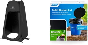 Portable Pop Up Pod- Instant Privacy, Shower & Changing Tent- Collapsible Outdoor Shelter for Camping, Beach & Rain with Carry Bag by Wakeman Outdoors, Black & Camco Bucket Toilet Seat (41546)