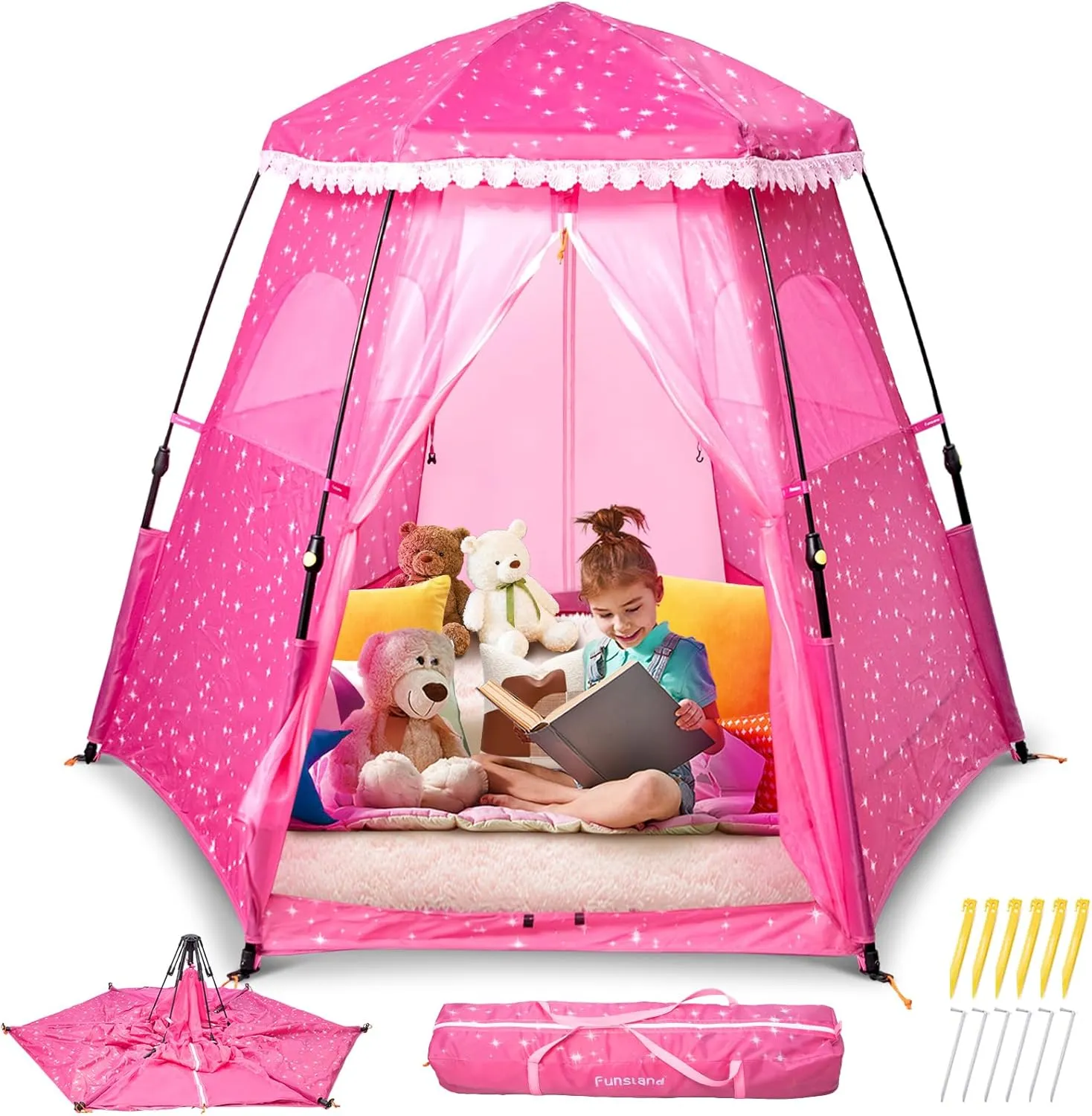 Princess Pop-up Play Tent for Girls: 78"x66" Large Playhouse Castle for Kids Indoor & Outdoor (Pink)