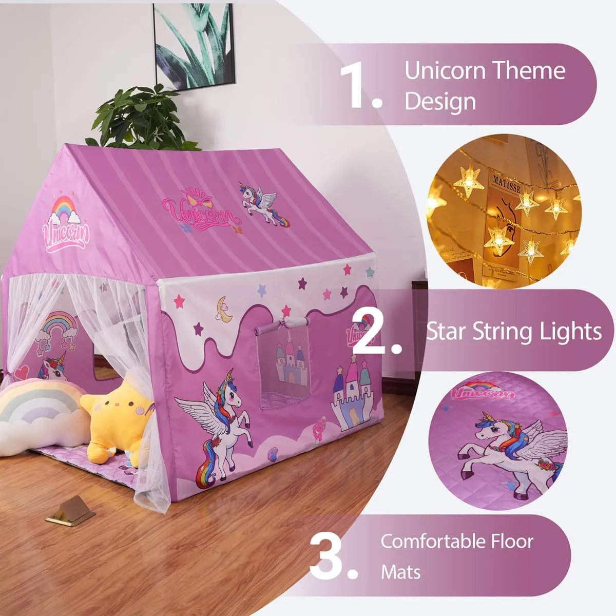 Princess Unicorn Castle Playhouse with Mat and LED Star Lights – Indoor & Outdoor Large Kids Play Tent for Imaginative Games Girls Toy House Gift Sizes 47×46.8×38.1In