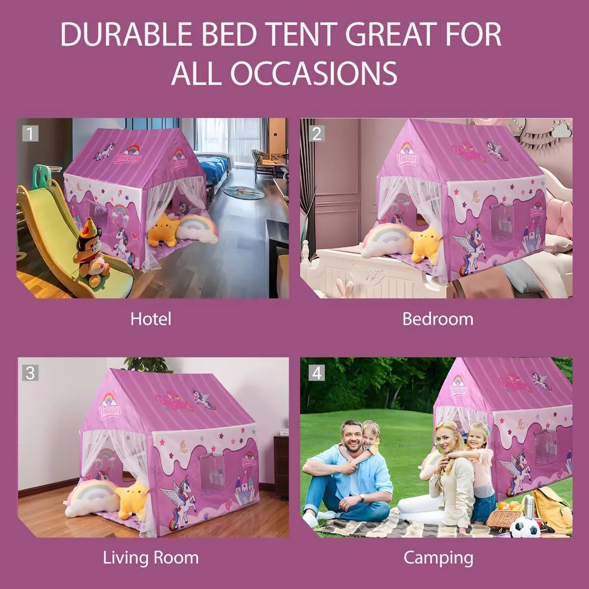 Princess Unicorn Castle Playhouse with Mat and LED Star Lights – Indoor & Outdoor Large Kids Play Tent for Imaginative Games Girls Toy House Gift Sizes 47×46.8×38.1In