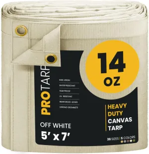 PROTARP Extreme Heavy Duty Waterproof Canvas Tarp 20 oz, UV Resistant Tarpaulin Cover with Rustproof Brass Grommets, Multipurpose for Canopy, Roof, Camping, Wood Pile (Ivory 5'X7')