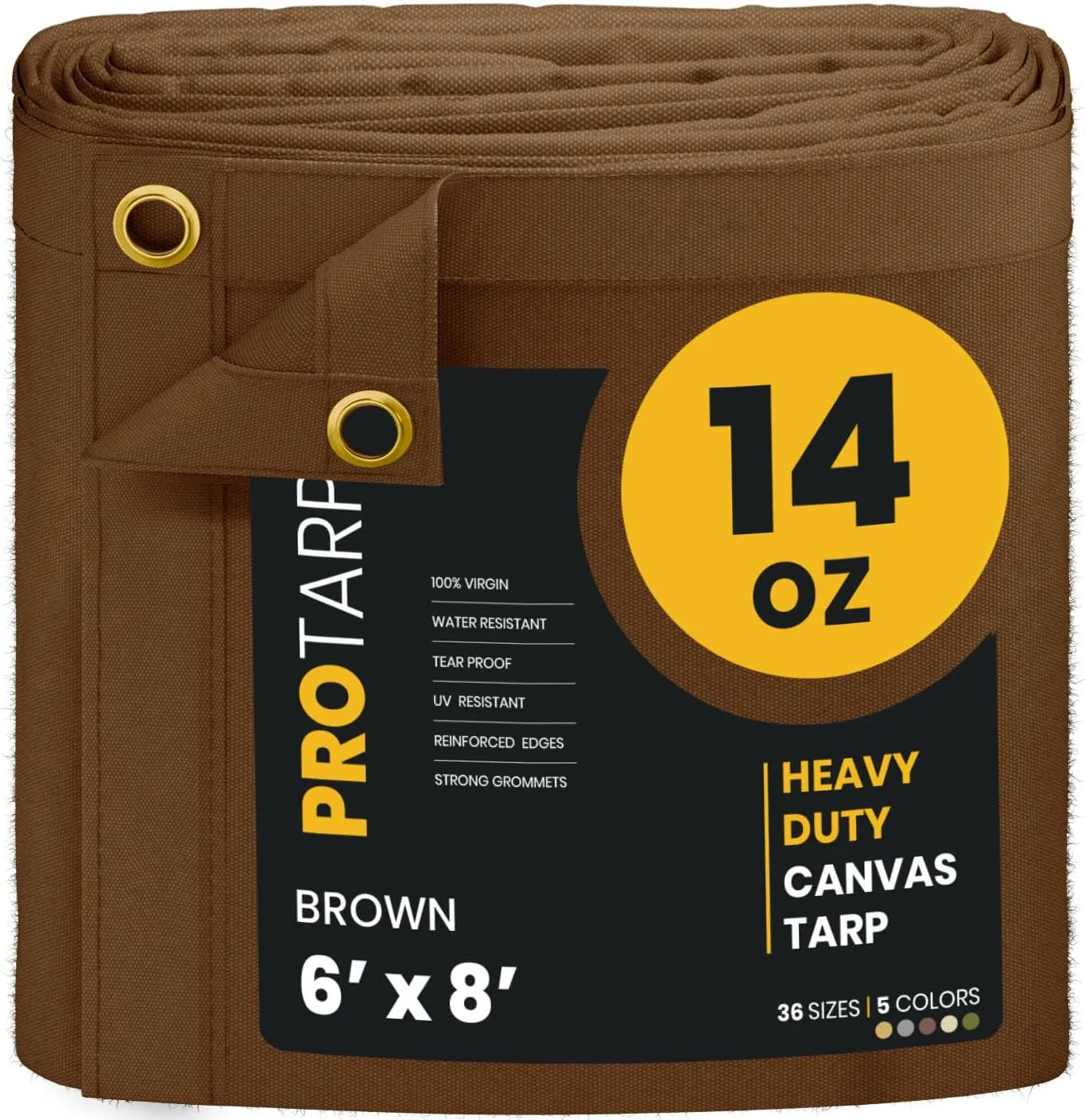 PROTARP Heavy Duty 14 OZ Water Resistant Canvas Tarp, UV Resistant Tarpaulin Cover with Rustproof Brass Grommets, Multipurpose for Canopy, Roof, Camping, Woodpile (Brown 6'X8')