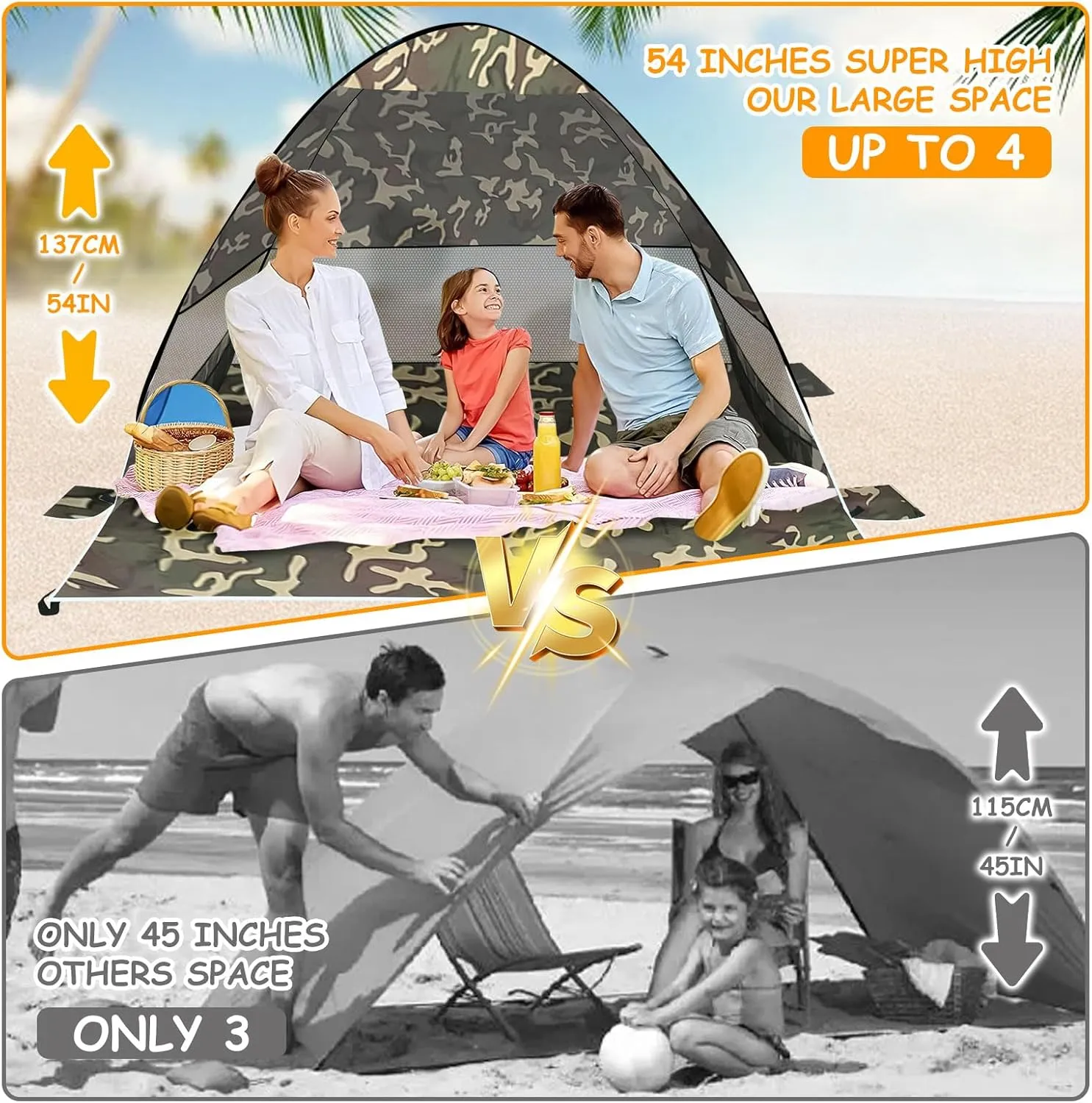 Qivine Beach Tent Sun Shelter, Pop Up Beach Tent Sun Shelter, Easy Setup Camping Tents with Waterproof 4 Sandbags Sunshine Protection for Fishing Hiking Camping (Camouflage)