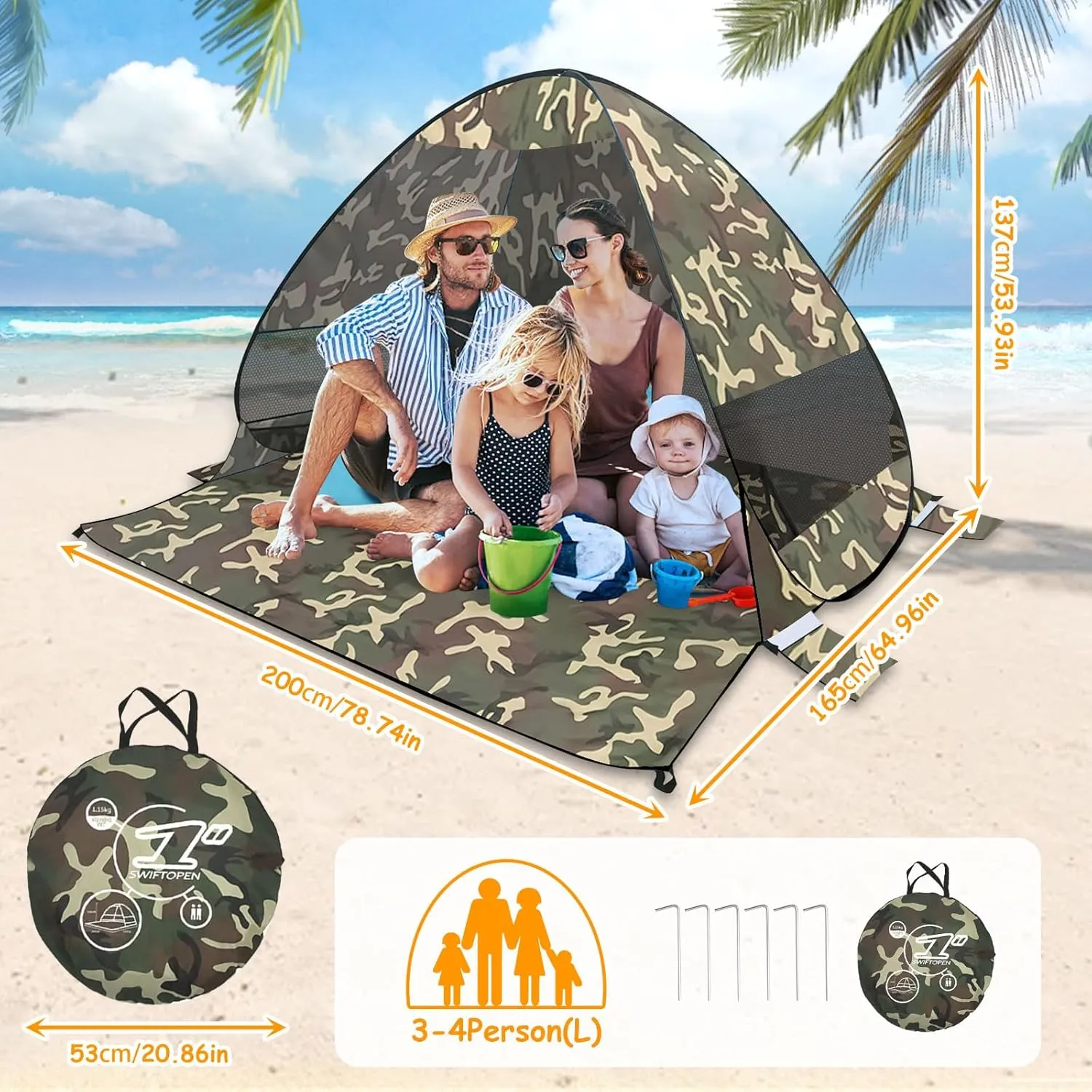 Qivine Beach Tent Sun Shelter, Pop Up Beach Tent Sun Shelter, Easy Setup Camping Tents with Waterproof 4 Sandbags Sunshine Protection for Fishing Hiking Camping (Camouflage)