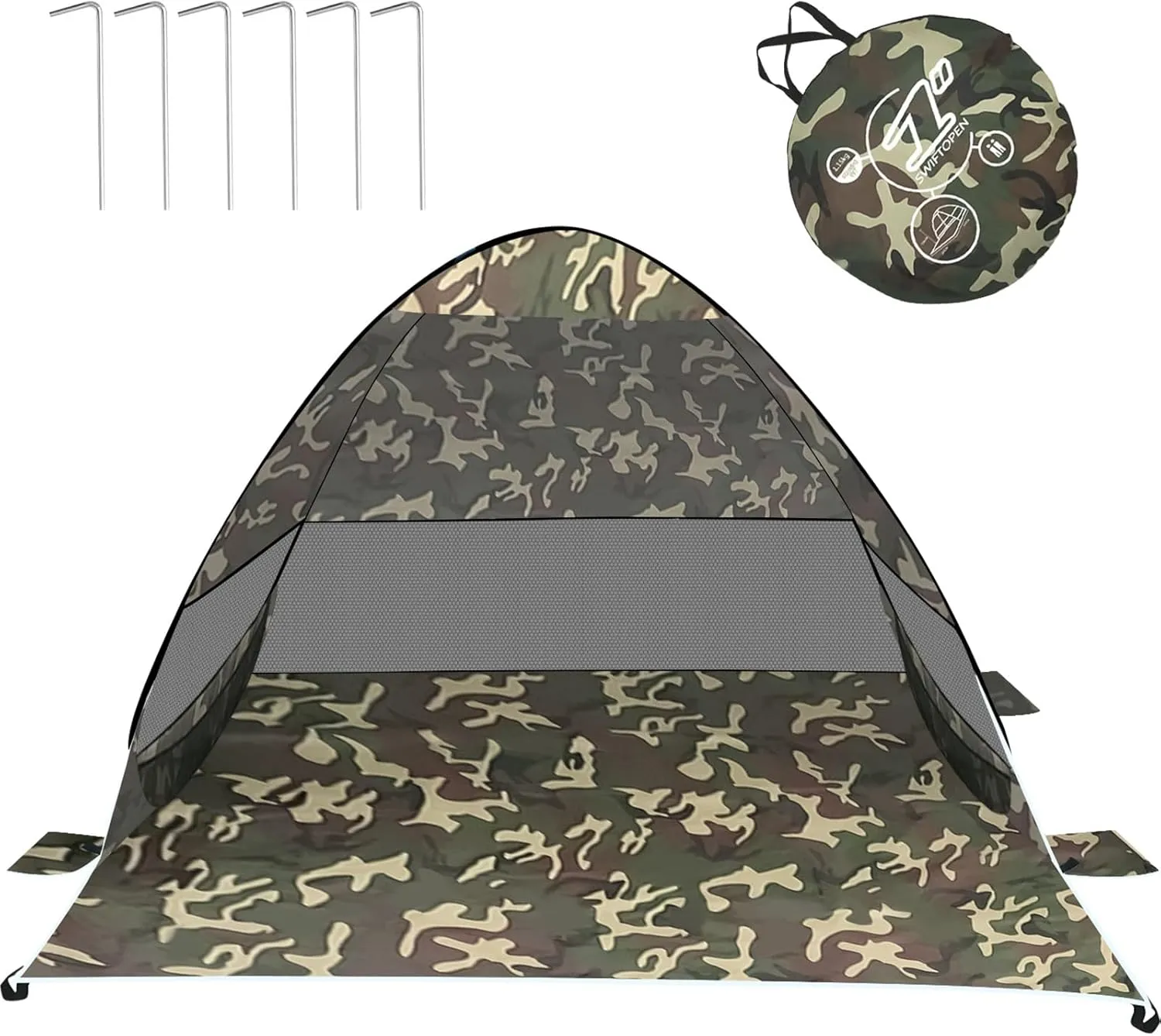Qivine Beach Tent Sun Shelter, Pop Up Beach Tent Sun Shelter, Easy Setup Camping Tents with Waterproof 4 Sandbags Sunshine Protection for Fishing Hiking Camping (Camouflage)