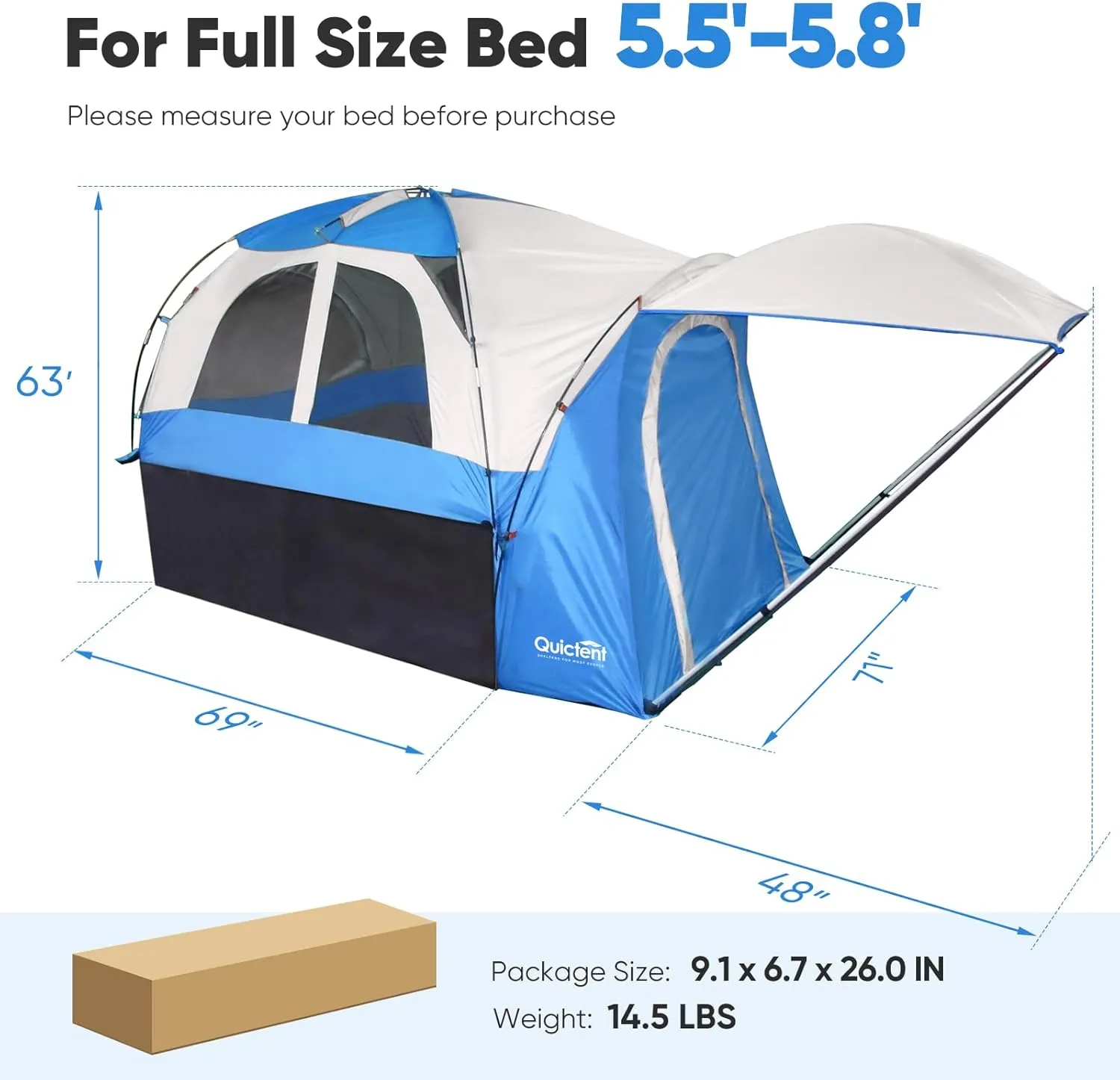 Quictent Pickup Truck Tent for 5.5-5.8'/6.0-6.3'/6.4-6.7'/8.0-8.2'/5.0-5.2' Bed, Waterproof PU2000mm 2-Person Sleeping Capacity Truck Bed Tent with Removable Awning, Rainfly ＆ Storage Bag Included