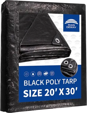 RAINDEWAY Large Black Tarp 20x30 Feet, UV Resistant, 8 Mil Multipurpose Medium Duty Waterproof Poly Tarp Cover with Metal Grommets and Reinforced Edges by RAINDEWAY