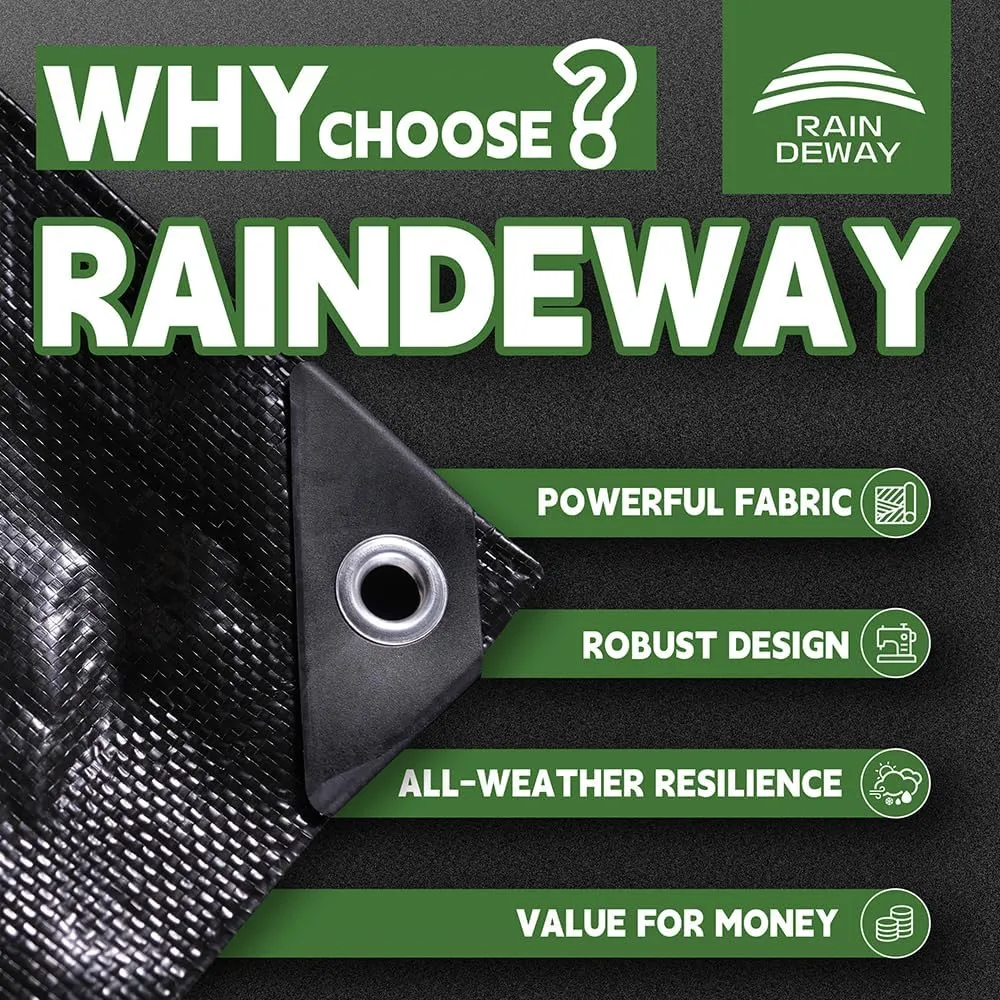 RAINDEWAY Large Black Tarp 20x30 Feet, UV Resistant, 8 Mil Multipurpose Medium Duty Waterproof Poly Tarp Cover with Metal Grommets and Reinforced Edges by RAINDEWAY