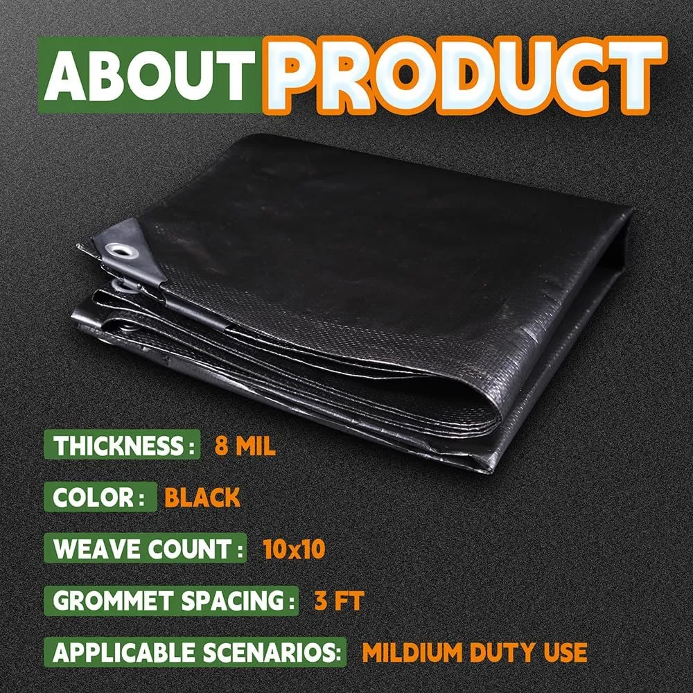 RAINDEWAY Large Black Tarp 20x30 Feet, UV Resistant, 8 Mil Multipurpose Medium Duty Waterproof Poly Tarp Cover with Metal Grommets and Reinforced Edges by RAINDEWAY