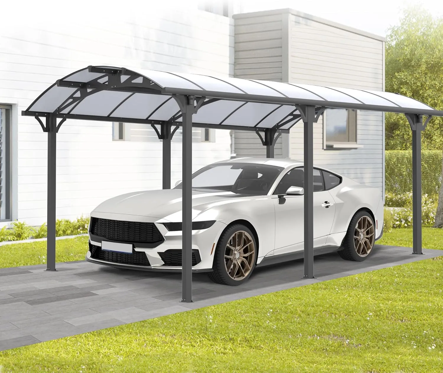 Real Relax 12 x 16 ft Metal Carport Kits with Polycarbonate Panel, Heavy Duty Metal Carport Canopy, Outdoor Car Tent Metal Garage Shelter for Car, Truck and Boats, Grey