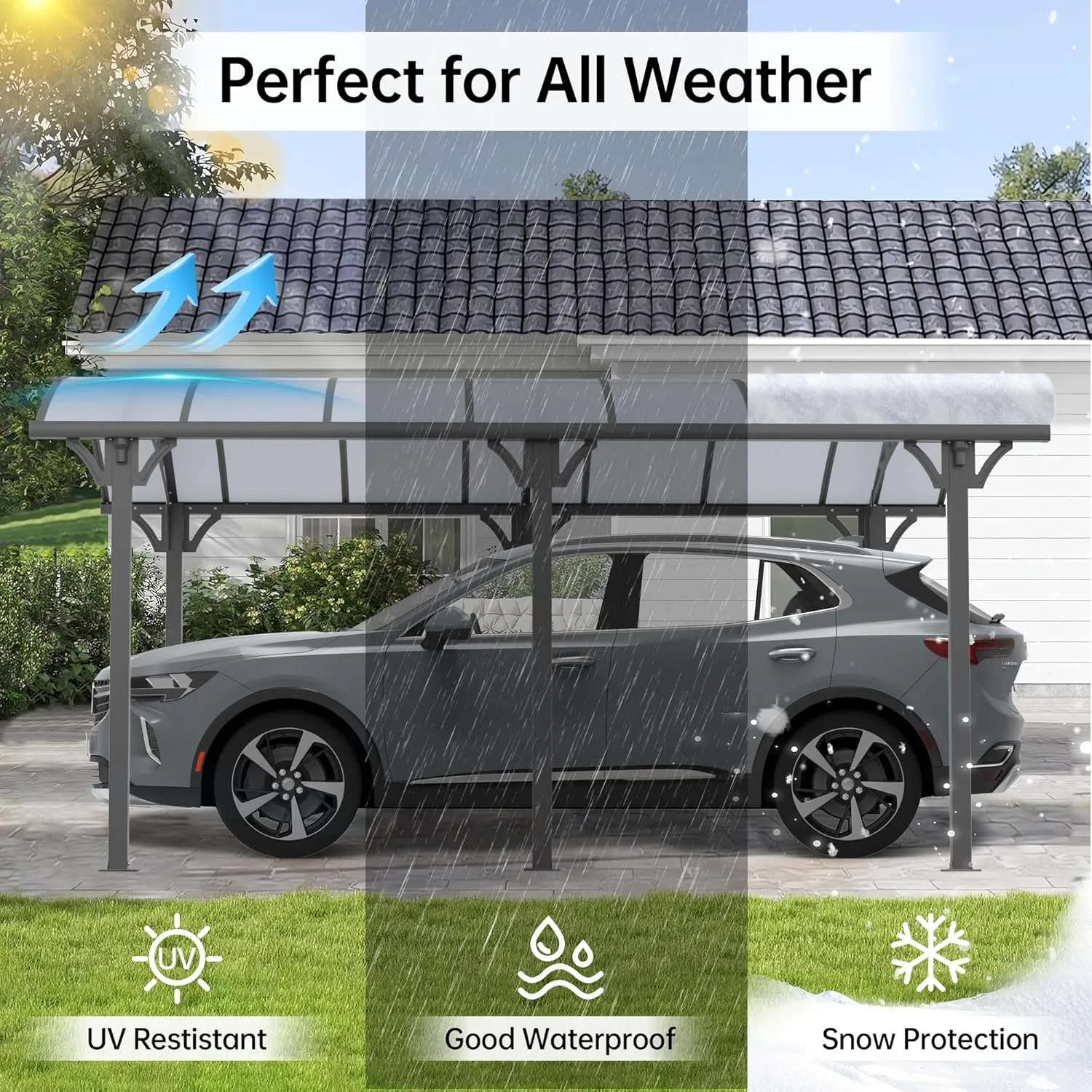 Real Relax 12 x 16 ft Metal Carport Kits with Polycarbonate Panel, Heavy Duty Metal Carport Canopy, Outdoor Car Tent Metal Garage Shelter for Car, Truck and Boats, Grey