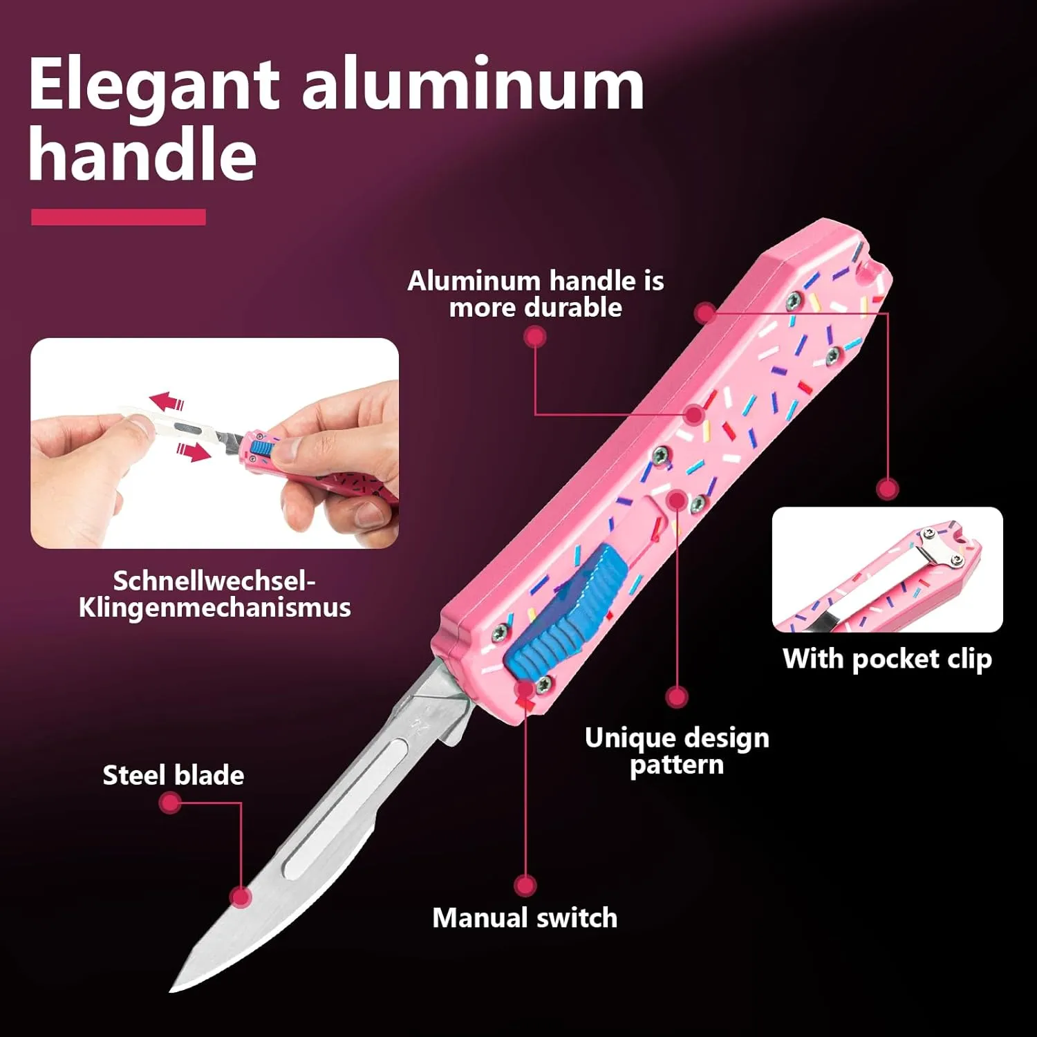 Retractable Utility Knife Scalpel Knife Retractable Box Cutter With 10pcs Surgical Carbon Steel Replacement Blades Edc Gift (Pink)