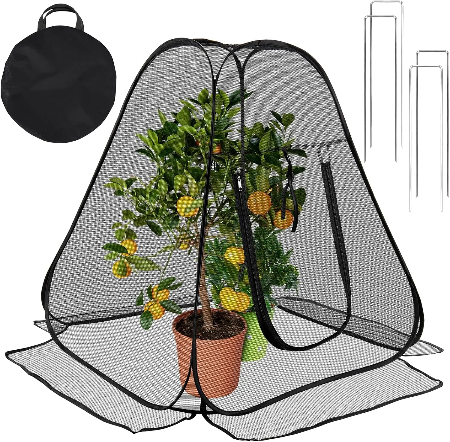 RGQSUN Pop up Garden Netting Cover,Pest Guard Plant Cover with 4 Stakes,Bird Plant Tent Protector,Mesh Gardening Net with Zipper Door for Vegetables Fruits Flowers