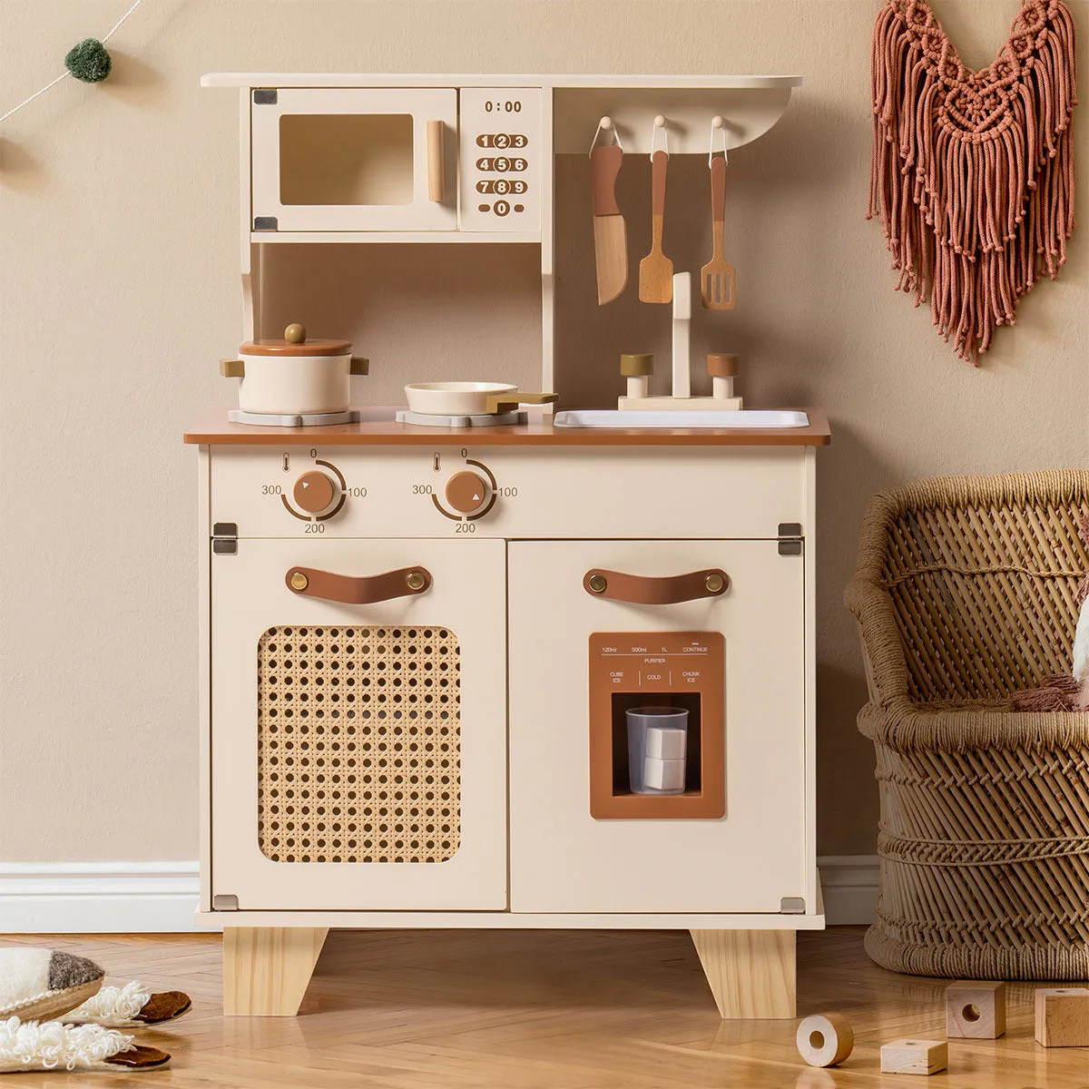 Rootz Mocha Montessori Wooden Play Kitchen - Kids Play Kitchen - Pretend Play Set - Realistic Cooking Experience - Safe and Durable - 79 x 28 x 55.5 cm
